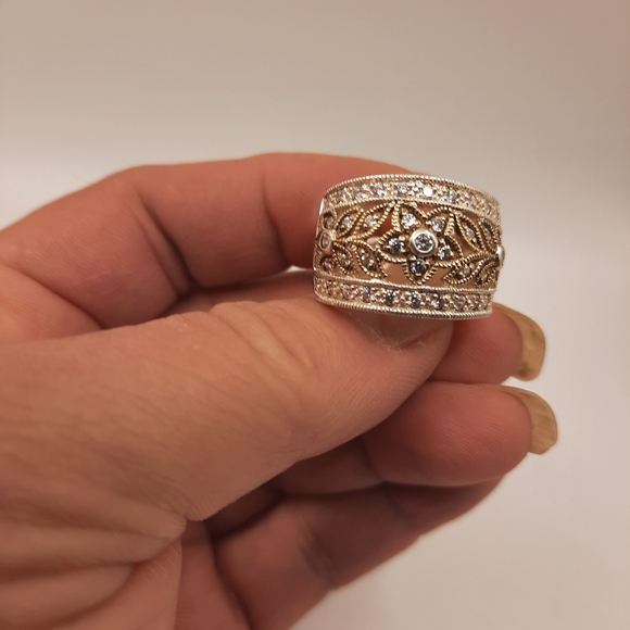 Sterling Silver 925 Ring GSJ DQCZ Marked Open Filigree Diamonique Wide Vintage - Picture 9 of 9